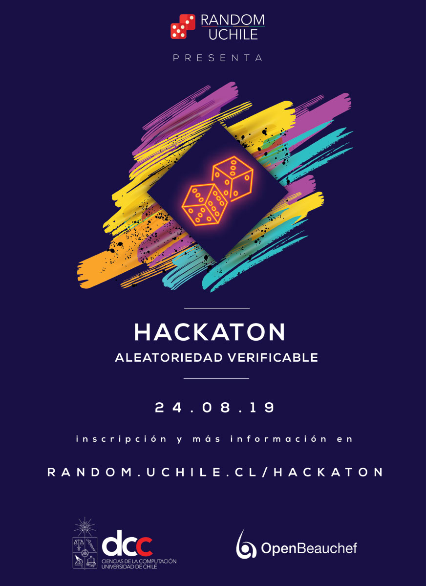 Hackaton "Aleatoriedad Verificable" / 24 de agosto - 09:30 hrs. - Lab. Toqui. Información e inscripciones: https://random.uchile.cl/hackaton