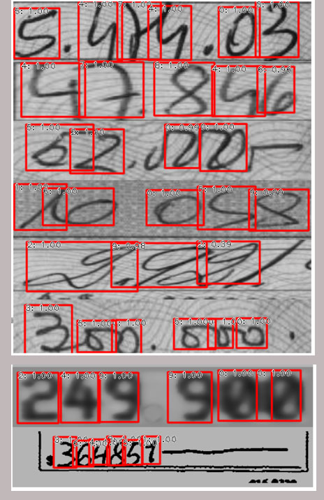 Los rectángulos muestran los dígitos que el método detecta y es capaz de discriminar ruido y símbolos que no son dígitos como asteriscos, símbolos peso, y otros.